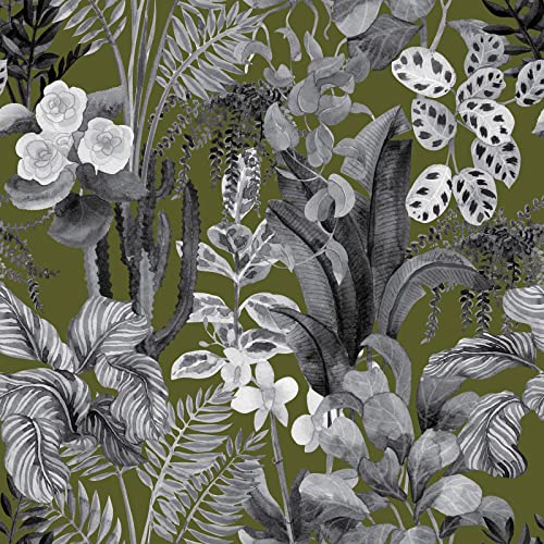 VEELIKE Tapete Blumen Grau Grün Blumentapete Vintage Tapete Blätter Grau Tropische Tapete Selbstklebend Blumen Fototapete Schlafzimmer Tapeten Wohnzimmer Muster Möbelfolie Badezimmer 44.5cm×300cm von VEELIKE