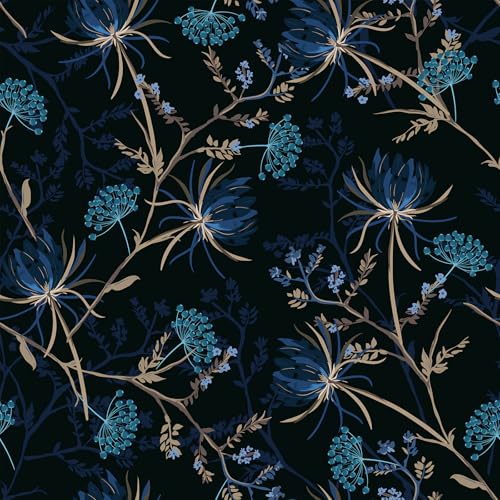 VEELIKE Tapete Blumen Schwarz Blaue Löwenzahn Blumentapete 44.5 cm × 900 cm Fototapete Blumen Blau Mustertapete Selbstklebende Tapete Schlafzimmer Badezimmer Tapeten Wohnzimmer Muster Abnehmbar von VEELIKE