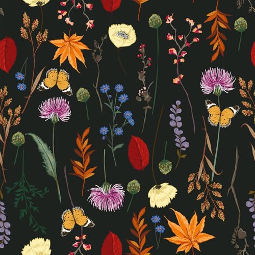 VEELIKE Tapete Blumen Schwarz Herbst Schmetterling Blumentapete Vintage Tapete Blätter Boho Dunkel Botanische Tapete 44.5cm x 300cm Selbstklebende Tapete Blumen Fototapete Schlafzimmer Badezimmer von VEELIKE