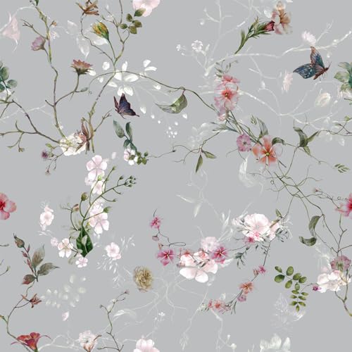 VEELIKE Tapete Blumen Zinngraue Blumentapete Vintage Fototapete Blumen Schmetterling Mustertapete Tapete Blätter Grau Kinderzimmer Tapete Badezimmer Möbelfolie Selbstklebend Folie 44.5cm x 300cm von VEELIKE