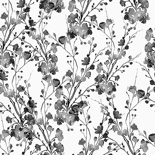 VEELIKE Tapete Floral Schwarz Weiß Blumentapete Aquarell 44.5 cm × 900 cmTapete Blumen Vintage Tapete Blätter Schwarz Weiß Fototapete Blumen Tapeten Wohnzimmer Modern Badezimmer Flur Küchentapeten von VEELIKE