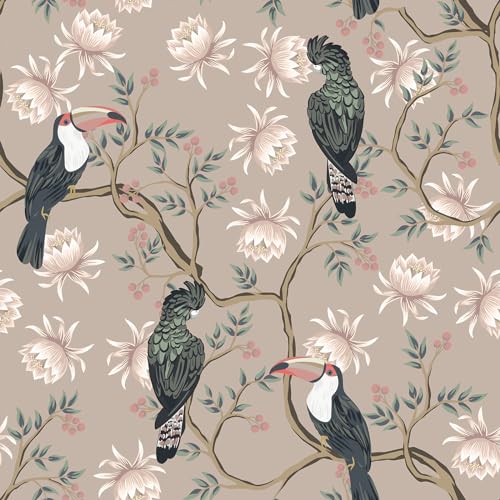 VEELIKE Tapete Vögel Chinoiserie Blumentapete Vintage Tapete Blumen Rosa Mustertapete Tapeten Wald Fototapete Blumen Klebefolie Muster Möbelfolie Selbstklebend Schlafzimmer Wohnzimmer 44.5cm×300cm von VEELIKE
