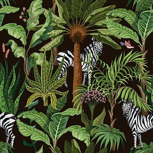 VEELIKE Tapete Zebra Schwarz Fototapete Dschungel Blumentapete Vintage Klebefolie Blumen Tropische Blätter Palm Möbelfolie Muster Tapeten Kokos Schrankpapier Schlafzimmer Wohnzimmer 44.5cm x 300cm von VEELIKE