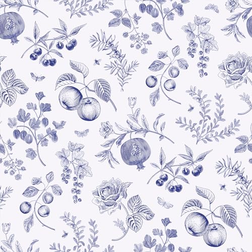 VEELIKE Tapeten Blau Blumen Weiß Blumentapete Vintage Blätter Fototapete Schlafzimmer Romantik Möbelfolie Selbstklebend Klebefolie Muster Tropische Tapeten Schrankaufkleber Badezimmer 44.5cm×300cm von VEELIKE