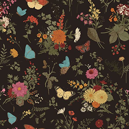 VEELIKE Tapeten Blumen Schwarz Schmetterling Blumentapete Selbstklebende Tapeten Blätter Tropische Fototapete Schlafzimmer Romantik Klebefolie Möbel Badezimmer Schrankpapier Vintage 44.5cm x 300cm von VEELIKE