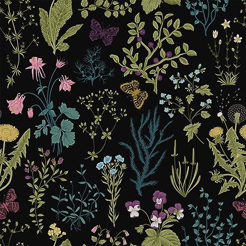 VEELIKE Tapeten Blumen Schwarz Tropische Blätter Fototapete Schlafzimmer Blumentapete Vintage Schmetterling Tapeten Selbstklebend Möbelfolie Muster Klebefolie Möbel Wandtapete Flur 44.5cm x 300cm von VEELIKE