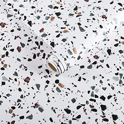 VEELIKE Wandaufkleber Terrazzo Muster Klebefolie Möbel Weiß 40cm x 900cm Selbstklenbende Möbelfolie PVC Wasserdichte Möbelaufkleber für Möbel Küchenarbeitsplatte Fensterbank von VEELIKE
