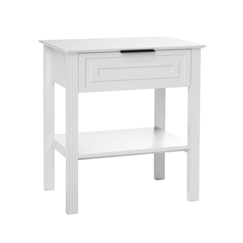 VEELOK Weißer Beistelltisch mit Schublade und unterem Regal, moderner Beistelltisch mit schwarzem Metallgriff, strukturierter Frontplatte und offenem Stauraum für Wohnzimmer VEELOK Weißer Beistelltisch mit Schublade und unterem Regal, moderner Beistelltisch mit schwarzem Metallgriff, strukturierter Frontplatte und offenem Stauraum für Wohnzimmer von VEELOK