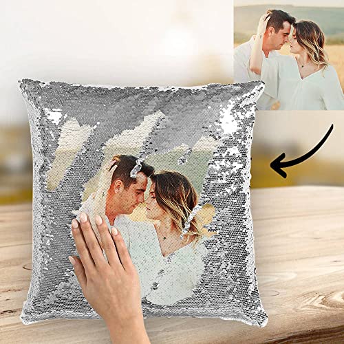 Kissenbezug Pailette Personalisiert mit Foto Kissenülle mit Eigenem Bild Bedrucken Wendepailletten Dekoration auf dem Auto Sofa Bett Büro Geburtstag Weinachten Geschenk für Kinder Familie Freunde von VEELU