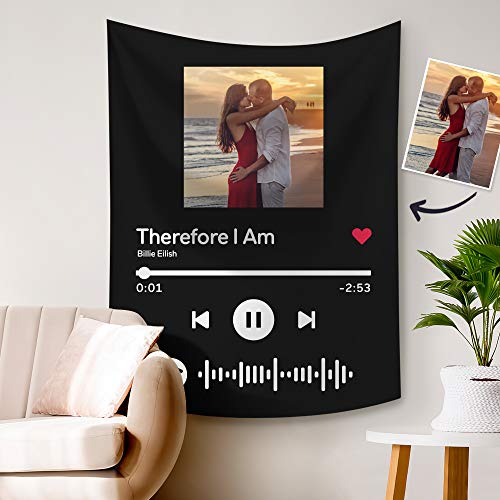 Personalisierter Wandteppich mit Spotify Musik & Bild Bedrucken Weich Groß Waschbar Weiß Wandbehang Wanddeko Fotokunst Wohn/Schlaf/Kinderzimmer Geschenk für Frauen Familie Geburtstag Weihnachten von VEELU