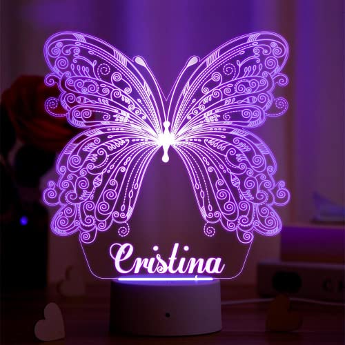 VEELU 3D LED Lampe Nachtlicht Kinder Personalisierte mit Name Schmetterling Arcyl Nachtlampe Raumdekoration Geschenk für Mädchen Junge Kinder Geburtstagsgeschenk von VEELU