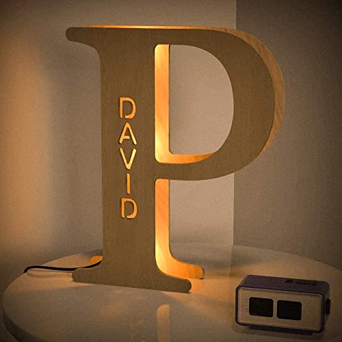 Veelu Personalisiert Buchstaben P LED Nachtlicht mit Ihren eigenen Graviert Name 3D Festzelt Dekor Holz Wandleuchte für Schlafzimmer Weihnachten Festival Party Geschenk für Familien Liebhaber von VEELU