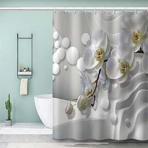 VEERAL Duschvorhang 180x200 cm Weiss, 3D Orchidee Duschvorhang Anti-Schimmel Textil, Shower Curtains Polyester Stoff Wasserdicht Duschvorhänge für Badezimmer, Bad Vorhang mit 12 Haken von VEERAL