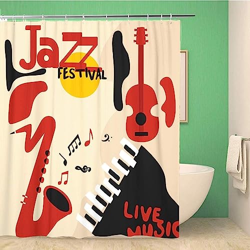 VEERAL Gitarre Duschvorhang 120 x 200 cm, 3D Klavier Duschvorhang Anti-Schimmel Textil, Shower Curtains Polyester Stoff Wasserdicht Duschvorhänge für Badezimmer, Bad Vorhang mit 8 Haken von VEERAL