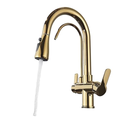 Mattschwarzer Touch-Küchenhahn mit Doppelgriff, 360-Grad-Drehung, ausziehbarer Sensor-Spültischhahn mit Wasserfilterhahn(Gold) von VEFJVAIO