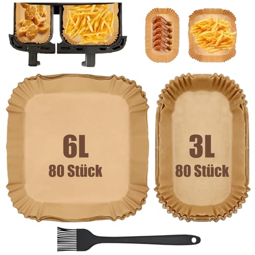 VEGCOO 160 Stück Backpapier für Heißluftfritteuse Philips Airfryer Dual Basket 3000 Series NA350 5000 Series NA550, Airfryer Backpapier 6L + 3L von VEGCOO
