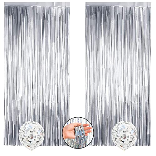 VEGCOO 2 Stück Silberner Lametta Vorhang Folie Fringe Shimmer Vorhang Metallic Vorhänge Partydekoration (1m * 2,5m) + 2 Silberne Runde Paillettenbesetzte Latexballons von VEGCOO