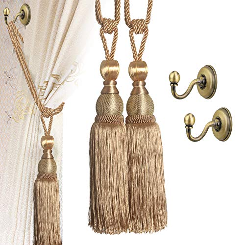 VEGCOO 4-teiliges handgemachtes Vorhang-Clips Raffhalter-Set, 2 europäische Schnallen mit Quasten, Kugelseil mit 2 Vorhang-Raffhalter-Haken (Gold, Bronze) von VEGCOO