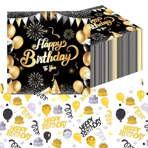 VEGCOO 40 Blatt Servietten Geburtstag Für Tischdeko Geburtstag, 33x33cm Servietten Schwarz Gold, Geburtstagsfeiern Für Männer Und Frauen Happy Birthday Servietten, Mit Schwarzgold Konfetti von VEGCOO