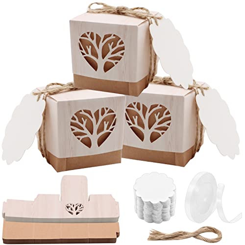 VEGCOO 50 Stück Gastgeschenkschachteln Taufe in Form eines Lebensbaums, Kommunions-Box für Hochzeit, Bonbon-Schachtel Taufe mit Seil (Herzform) von VEGCOO