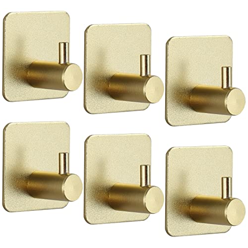 VEGCOO Gold Klebehaken, 6 Stück Rostfreier Stahl Handtuchhalter Ohne Bohren, 4.5 * 4.5CM Wasserdicht Wandhaken, Haken Selbstklebend Für Küchen-/Badezimmer-/Wohnzimmerglas/Metalltür von VEGCOO