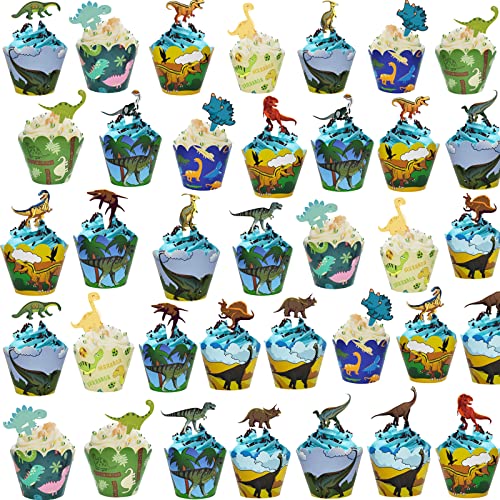 72 Stück Dinosaurier Cupcake Wrappers Dinosaurier Cupcake Toppers, VEGCOO Muffinform Papier Backen Dinosaurier Figuren, Kuchen Dekoration für Kinder Party Geburtstag Tortenheber Jurassic Park von VEGCOO