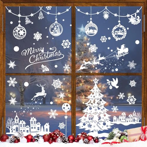 VEGCOO 9 Weihnachten Deko Aufkleber Weihnachtsmann Fensterbilder Aufkleber Schneeflocke Aufkleber Weihnachten Winter Glastür Dekoration Wiederverwendbar Statisch PVC Fenster Aufkleber (Weiß) von VEGCOO