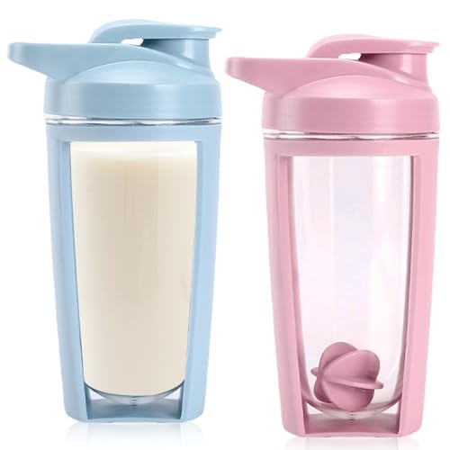 2 Stück Protein Shaker, 600ml Blender Bottle mit Mixball, Doppelschicht Sports Shaker-Flasche mit Skala, Shake-Becher BPA Frei Auslaufsicherer für Eiweiß Diät und Fitness Shakes (Blau&Rosa) von VEGOATY
