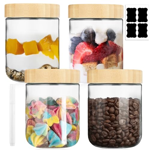 4er Set Meal Prep Gläser480ml Overnight Oats Gläser mit Deckel, Einmachgläser mit Schraubdeckel mit 4 Etiketten und einen Markierstift Glasbehälter mit Deckel für Joghurt, Salat, Müsli, Marmelade von VEGOATY