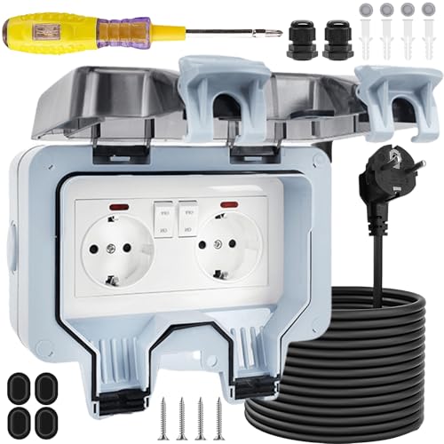 Aussensteckdose Wasserdicht Ip66, Outdoor Doppelsteckdose Mit Schalter Kontrollleuchte, 5m Außensteckdose Steckdose, Wandsteckdose Gartensteckdose Für Garten Küche Garage Wäscherei Außenbereich Aussensteckdose Wasserdicht Ip66, Outdoor Doppelsteckdose Mit Schalter Kontrollleuchte, 5m Außensteckdose Steckdose, Wandsteckdose Gartensteckdose Für Garten Küche Garage Wäscherei Außenbereich von VEGOATY