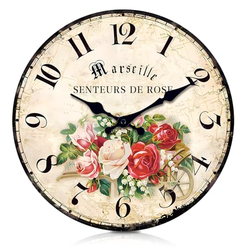 Garten Wanduhr Bunte Blumen Uhr, 12 Zoll Lautlos Wanduhr Rose Vintage Blumen Stil dekorative wanduhren Holz-rundblumen Uhr Shabby Chic Wanduhren Deko für Wohnzimmer Schlafzimmer von VEGOATY