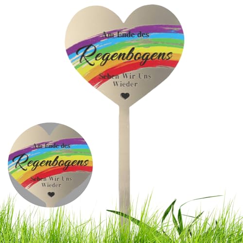 Grabstecker Wetterfest Herz Edelstahl Grabstecker, Grabdekoration Wetterfest Grabschmuck mit Gravur Am Ende des Regenbogens Sehen Wir Uns Wieder, Grab Deko zum Erinnerung Andenken Dekoherz Traue von VEGOATY