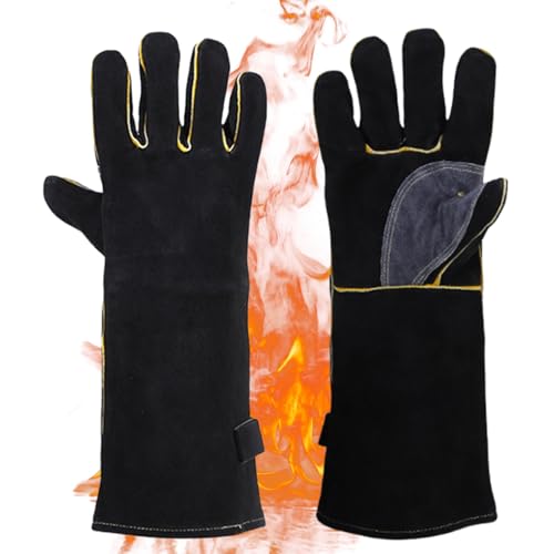 Grillhandschuhe Hitzebeständig 350°c - Feuerfeste Backhandschuhe & Ofenhandschuhe Aus Rindsleder Mit Langem Stulpen (40cm) - Für Grill, Schweißhandschuhe, Kamin, BBQ & Küche - Grau-Schwarz, 1 Paar von VEGOATY