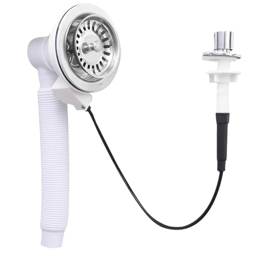 Siphon Küchenspüle Automatischer, Ablaufgarnitur Spüle Mit Siebkorb Excenterventil 114mm, Edelstahl Siphon Set Mit überlauf & Geschirrspüler-Anschluss, G1-1/2 Zoll Abflussgarnitur Küchenspüle von VEGOATY