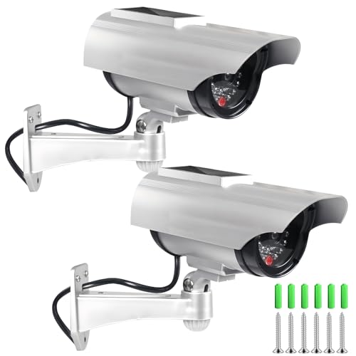 VEGOATY 2 Stück Dummy Kamera mit Solarlampe Aussen mit LED Solarleuchte, Kamera Attrappe Außen Solar, Fake Überwachungskamera, für Garten Türöffnung Korridor, Sicherheitskamera Silber von VEGOATY