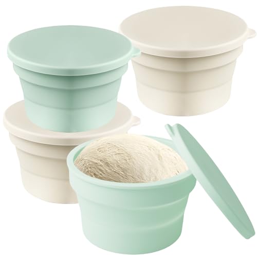 VEGOATY 4er Set Pizzaballenbox mit Deckel, Perfekt als Pizzabox Gärbox Teigbox Rund, 13x7,6cm Pizzateig Box mit Deckel, Faltbare Gärbox für Pizzateig, Anti-Haft-Silikon von VEGOATY