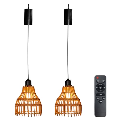 VEGOATY Boho Hängelampe mit Fernbedienung: 2 Stück Rattan Pendelleuchte, Dimmbare LED für Garten, Schlafzimmer, Camping | Batteriebetriebene, Warmlicht von VEGOATY