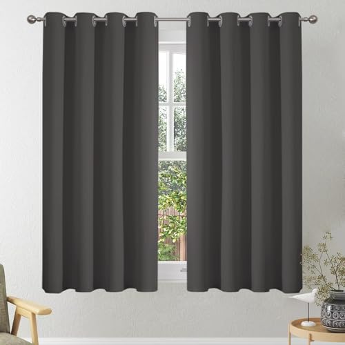 VEHEDE Dunkelgrau Ösenvorhang Gardinen Kurz Fenster Küche Thermovorhang gegen Kälte Übergardinen 2er Set Vorhänge Schlafzimmer mit Ösen Vorhang Verdunkelung Wohnzimmer, H 137 x B 140 cm von VEHEDE