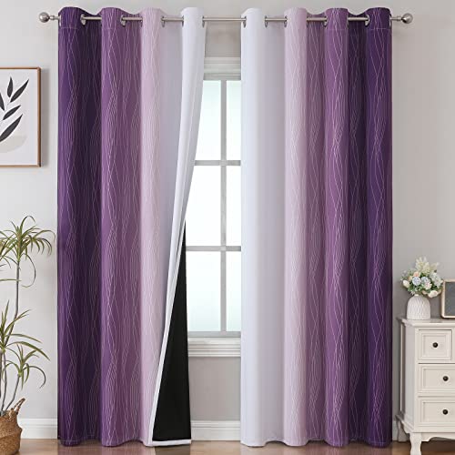 VEHEDE Farbverlauf Ombre Gardinen Wohnzimmer mit Ösen Thermovorhang Kälteschutz, Schallschutz Verdunkelung Blickdicht Vorhänge, Verdunklungsvorhänge, H 214 x B 132 cm, Violett und Weiß, 2er Set von VEHEDE