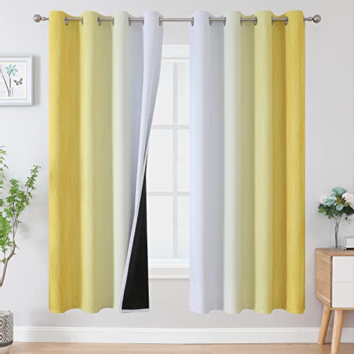 VEHEDE Farbverlauf Ombre Gardinen mit Ösen 183 cm Lang, Vorhang Wohnzimmer, Verdunklungsvorhänge Blickdicht Dicke Thermogardine Kälteschutz Warm Hitzeschutz, H 183 x B 132 cm, Gelb und Weiß, 2er Set von VEHEDE
