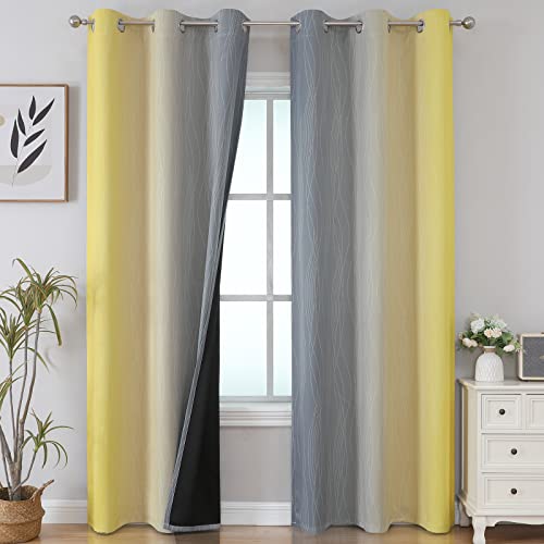 VEHEDE Farbverlauf Ombre Gelb und Grau Thermovorhang Kälteschutz Gardinen mit Ösen Schlafzimmer, Schallschutz Vorhänge Blickdicht Verdunklungsvorhänge Wohnzimmer, H 214 x B 107 cm, 2er Set von VEHEDE