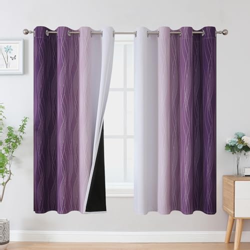 VEHEDE Farbverlauf Ombre Verdunklungsvorhänge Gardinen mit Ösen Wohnzimmer 160 cm Hoch, Vorhänge Blickdicht Thermogardine Kälteschutz warm Hitzeschutz, H 160 x B 132 cm, Violett und Weiß, 2er Set von VEHEDE