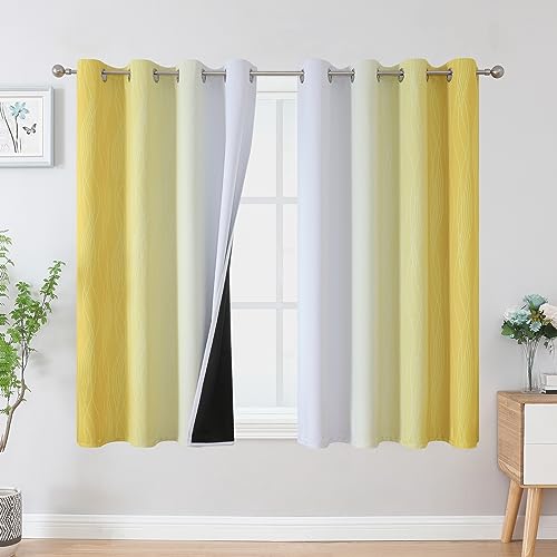 VEHEDE Farbverlauf Ombre Verdunklungsvorhänge Ösenvorhang Gardinen mit Ösen Thermovorhang Hitzeschutz Blickdichte Vorhänge Verdunkelung Wohnzimmer, H 137 x B 132 cm, Gelb und Weiß, 2er Set von VEHEDE