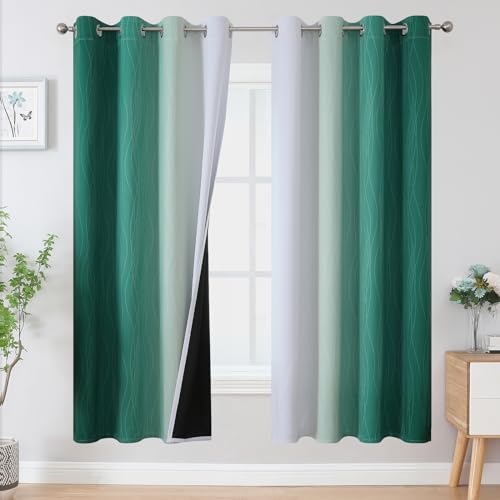 VEHEDE Farbverlauf Ombre Verdunklungsvorhänge mit Ösen, Gardinen Blickdicht Dicke Thermogardine Kälteschutz warm Hitzeschutz, Vorhänge Wohnzimmer, H 183 x B 132 cm, Dunkelgrün und Weiß, 2er Set von VEHEDE