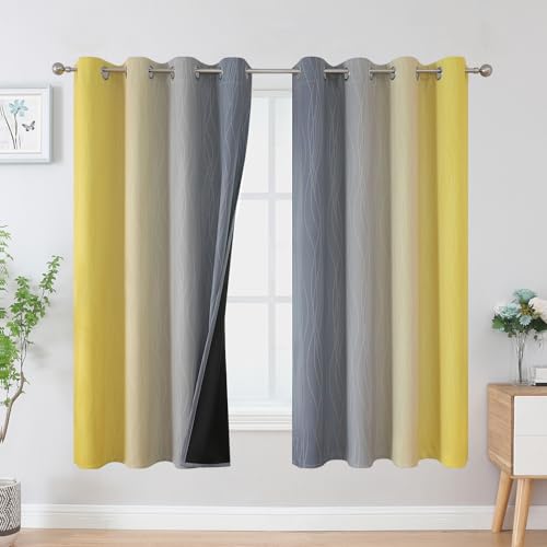 VEHEDE Gelb und Grau Farbverlauf Ombre Gardinen mit Ösen 160 cm Lang, Vorhang Wohnzimmer, Verdunklungsvorhänge Blickdicht Dicke Thermogardine Kälteschutz Warm Hitzeschutz, H 160 x B 132 cm, 2er Set von VEHEDE