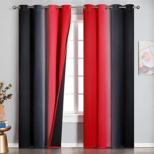 VEHEDE Ombre Farbverlauf Abdunklungsvorhang Ösenvorhang Gardinen Blickdicht Dicke Thermogardine Kälteschutz warm Hitzeschutz Vorhänge mit Ösen Wohnzimmer, H 229 x B 132 cm, Rot und Schwarz, 2er Set von VEHEDE