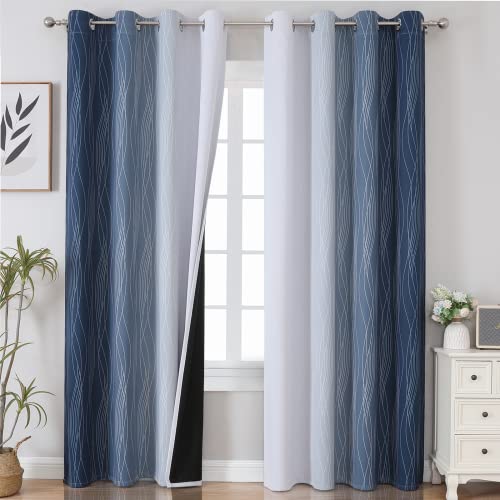 VEHEDE Gardinen Farbverlauf Dunkelblau Weiß Schallschutz Blickdichte Vorhänge Wohnzimmer, Thermovorhang Gegen Kälte mit Ösen, Ombre Blackout Curtains Vorhang Schlafzimmer, H 214 x B 132 cm, 2er Set von VEHEDE