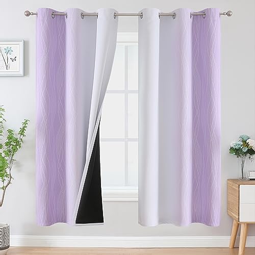 VEHEDE Ombre Farbverlauf Lila und Weiß Verdunklungsvorhänge Thermovorhang Hitzeschutz Abdunkelnde Gardinen mit Ösen, Vorhänge Blickdicht Wohnzimmer Schlafzimmer, H 183 x B 107 cm, 2er Set von VEHEDE