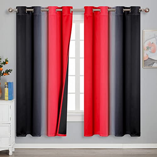 VEHEDE Ombre Farbverlauf Rot und Schwarz Vorhänge 183cm Lang Verdunklungsvorhänge Vorhang, Schlafzimmer Kleine Thermovorhang Kälteschutz, Gardinen Wohnzimmer mit Ösen, H 183 x B 132 cm, 2er Set von VEHEDE