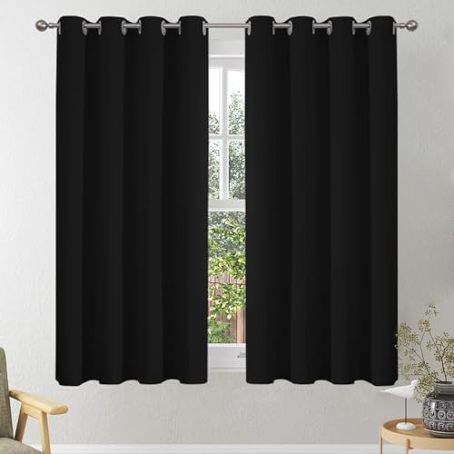 VEHEDE Schwarz Ösenvorhang Gardinen Kurz Fenster Küche Thermovorhang gegen Kälte Übergardinen 2er Set Vorhänge Schlafzimmer mit Ösen Vorhang Verdunkelung Wohnzimmer, H 137 x B 117 cm von VEHEDE